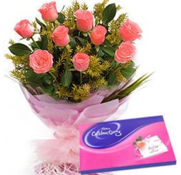 Pink Roses Hand Bunch with Cadbury Assortment